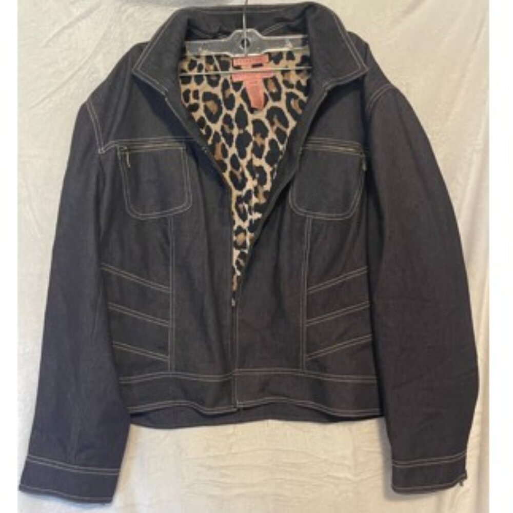 Bandolino Women Denim Jacket Size 20W Zipper Pocket Leather Fur Long Sleeve